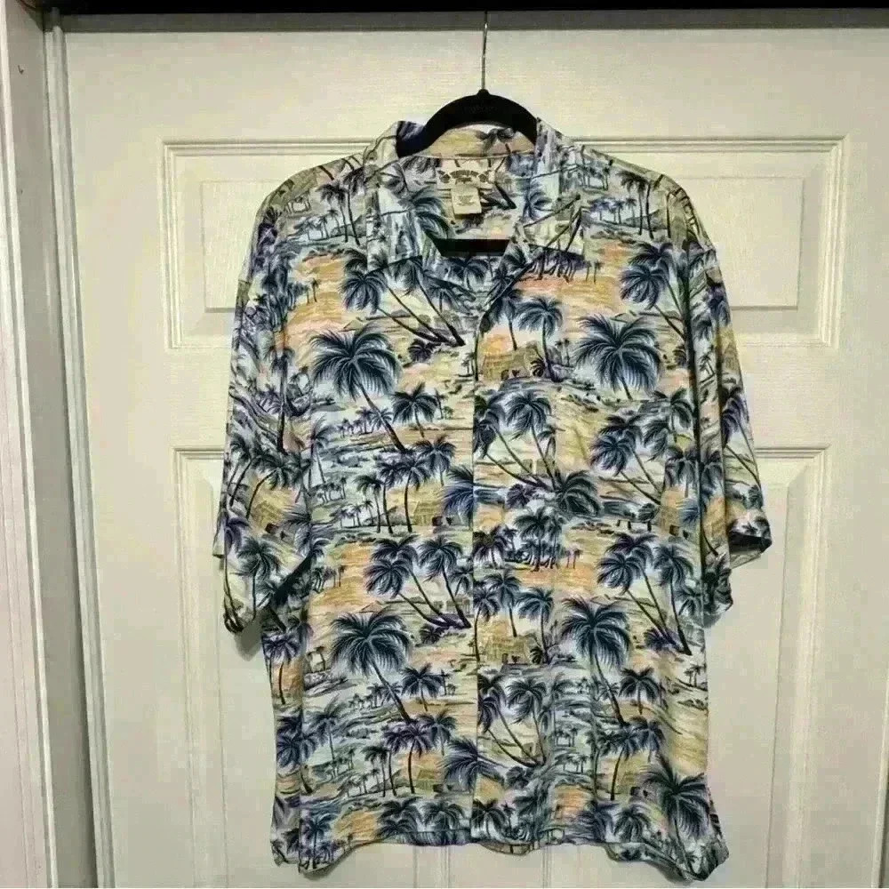 Vintage Men’s Hawaiian Tropic Shirt Palm Tree Print Yellow And Blue Large